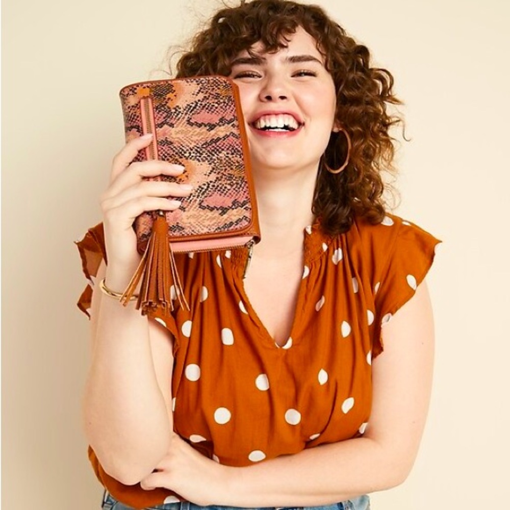 Rust Polka Dot Flutter Sleeve Top - Women
